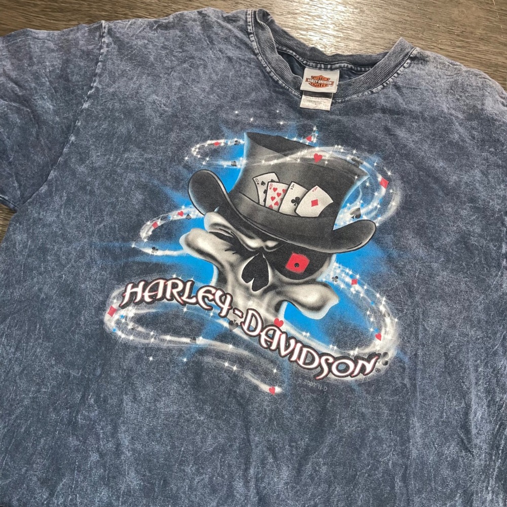 Harley-Davidson Mens Large Blue T-Shirt 2007 Shreveport Louisiana Skull Cards